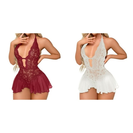 (2-Pack) Kcodviy Women Large Size Plus Size for Women with Robe Underwear Lace onesie Long Lace Robes for Women Passion Jumpsuit Bodysuit Underwear