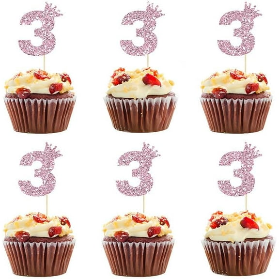 12pcs Number 3 Cupcake Toppers 3rd Birthday Crown Three Birthday Pink Glitter Number 3 Picks Cheers to 3 Years Old Decorations for Baby Shower Anniversary Party Cake Supplies