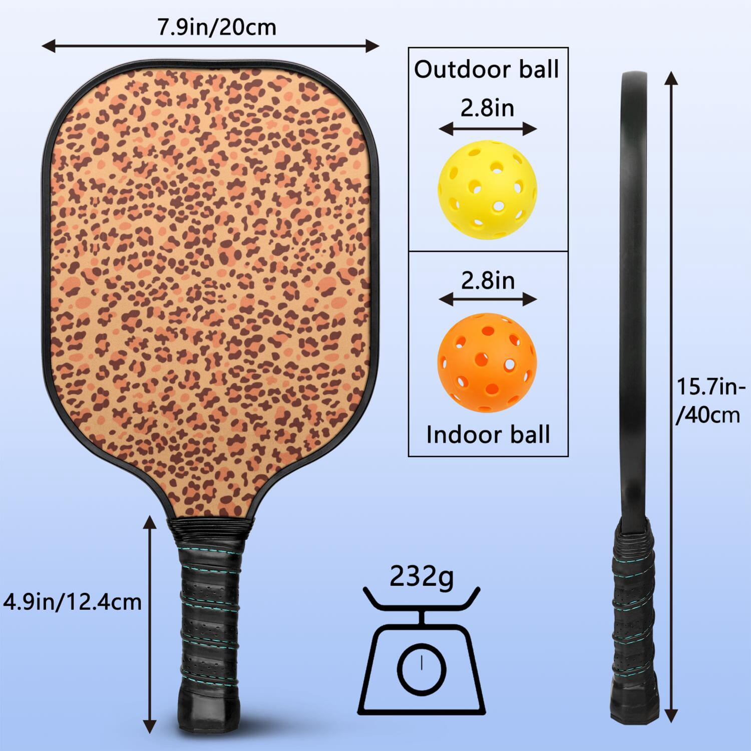 Pickleball Paddles Set Of 1, Fiberglass Surface, Animal, Leopard Print, 1 Paddle, 2 Balls & Bag