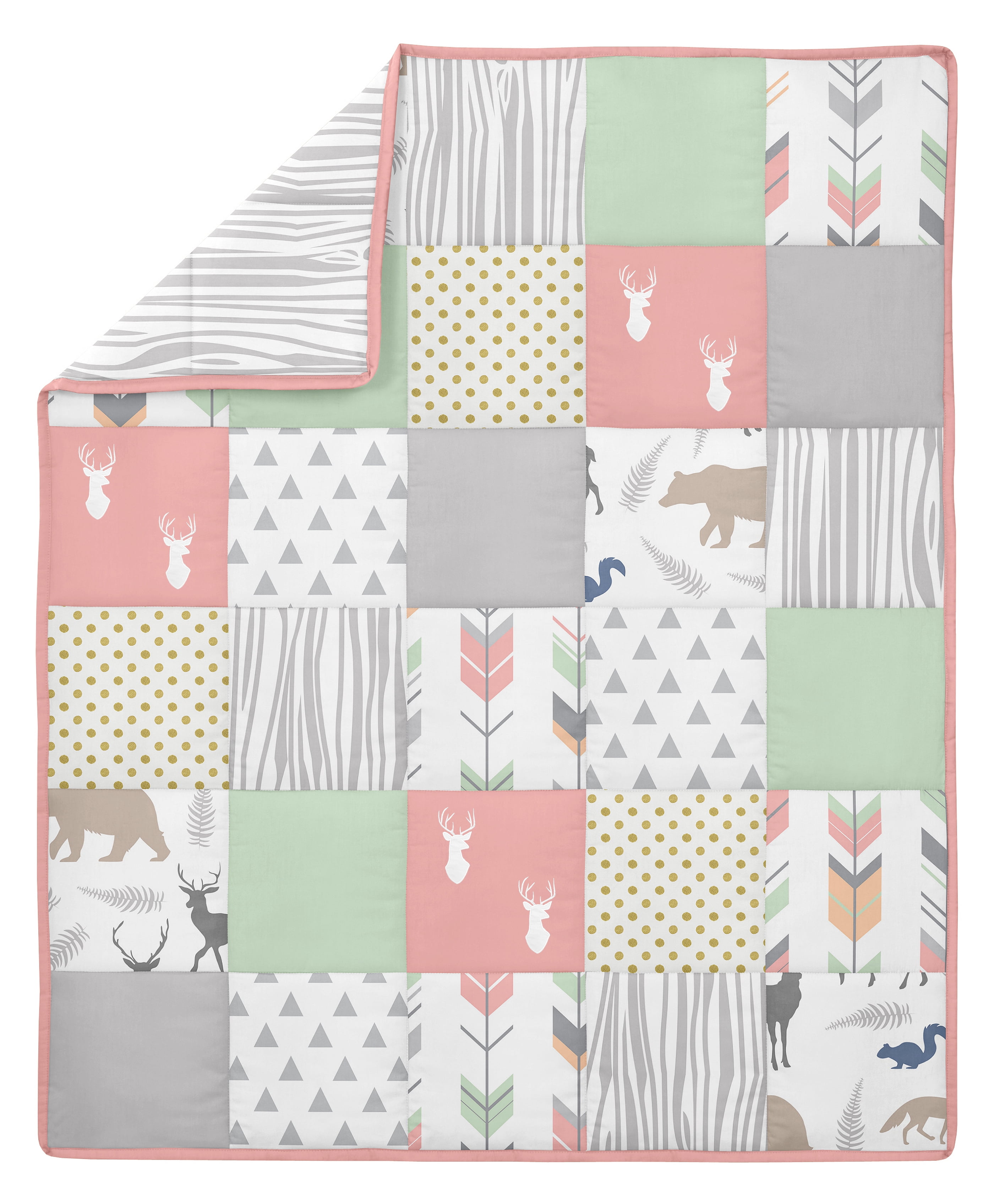 Sweet Jojo Designs Woodsy Coral Green and Grey 4 Piece Crib Bedding Set