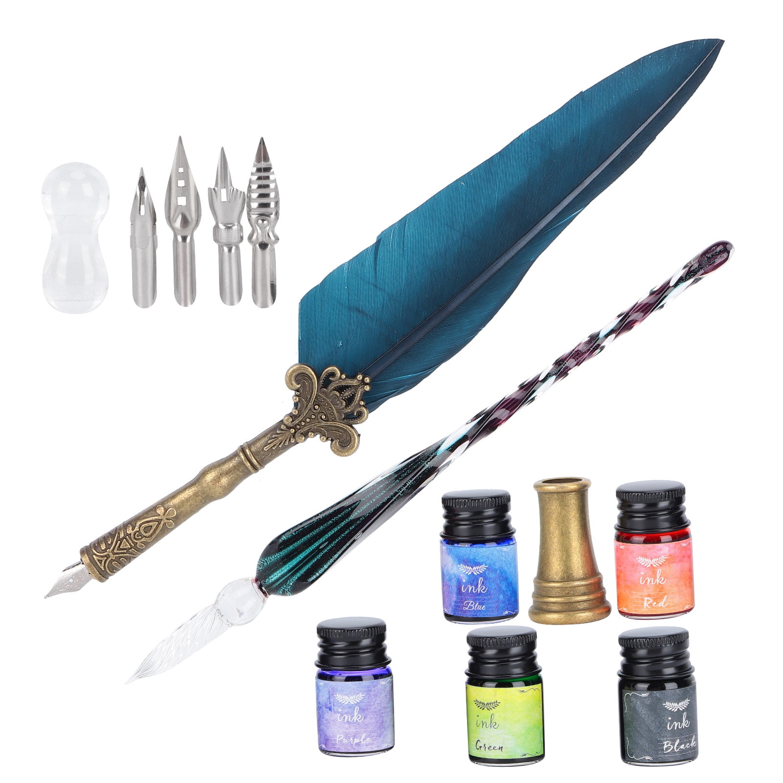 Riousery Calligraphy Pen Set Glass Ink Feather Fountain Pen with Replaceable Nibs Writing Gift Box Kit Navy
