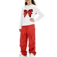 thumbnail image 4 of Iyufng 2 Piece Outfits for Girls Bow Printed Long Sleeve T-Shirt and Cargo Pants, Girls Summer Casual Two Piece Sets, Size 5-15 Years, 4 of 7