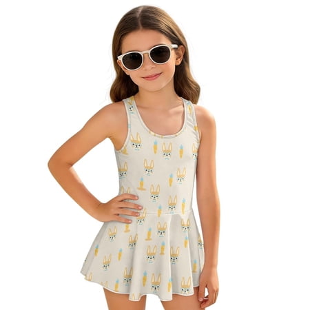 COEQINE Girls Swimsuit One Piece with Attached Skirt and Inner Brief Soft Scoop Neck & V-Shaped Back Stretchy Bathing Suit for Girls Ages 12-13 Easy Care Easter Bunny Carrot