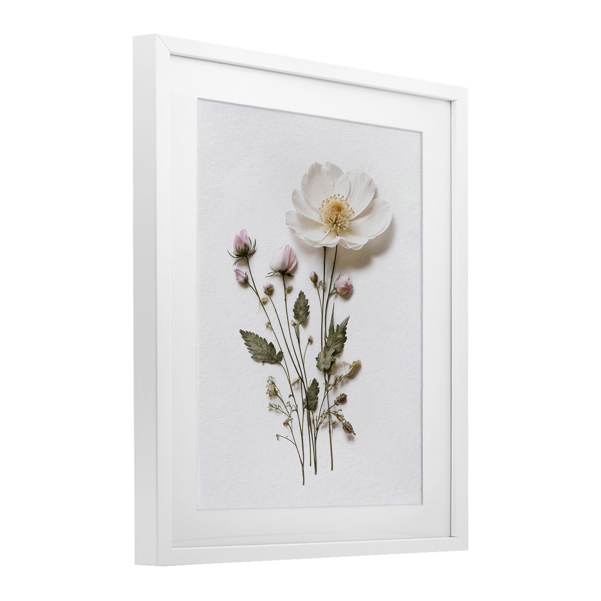 Simple Pressed Flowers White Framed Print Under Glass, design by Lettered and Lined