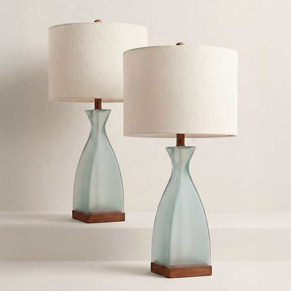 360 Lighting Ryan 28 1/2" Tall Modern Coastal End Table Lamps Set of 2 Ocean Blue Glass Off-White Shade Living Room Bedroom