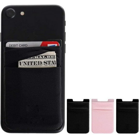 Cell Phone Stick on Wallet, Credit Card & Business Card & Id Holder (3 Packs) Compatible with iPhone, Android and Most Smartphones (Black Pink)