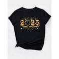 thumbnail image 3 of Camiseta informal de cuello redondo para mujer, mezcla de algodón, elasticidad media, tejido de punto, con estampado de fuegos artificiales de Nochevieja 2025, para primavera/verano/otoño, ideal para, 3 of 7