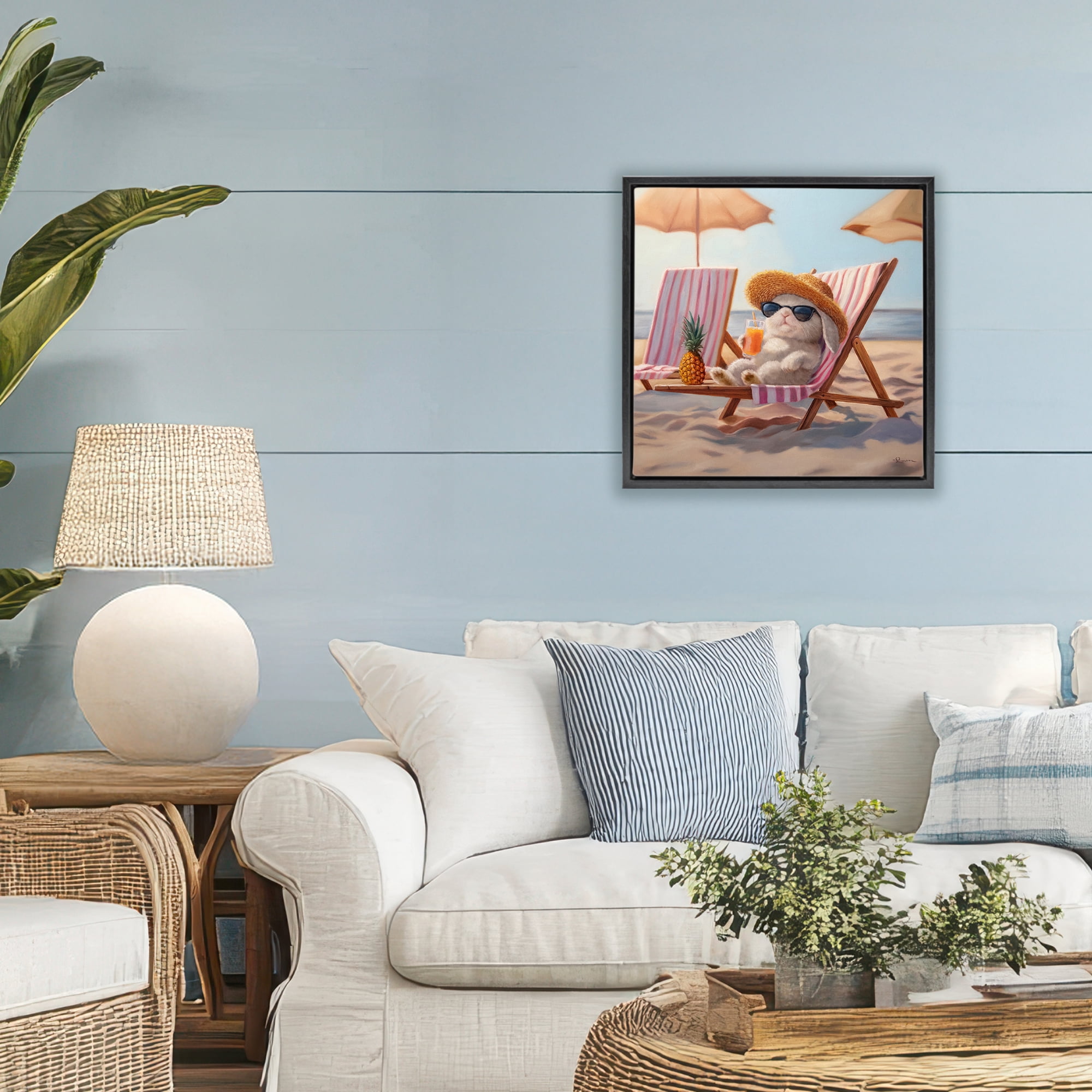 Beach Bun Relaxation Black Framed Floater Canvas Wall Art, design by Lucia Heffernan