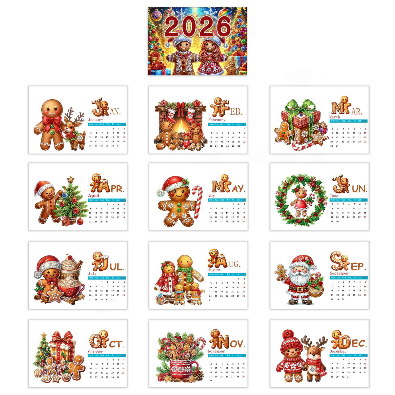 FLOPESN 2026 DIY Diamond Art Painting Desk Calendar,Thick Paper Monthly Flip Tabletop Calendar with To Do List for Home Office Planning-Gingerbread Man