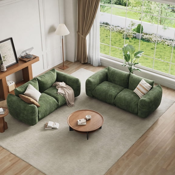 2PCS Modular Chenille Loveseat Sofa, Soft Cloud Deep Seat Boneless Couch, Space-Saving Modern Furniture for Small Living Room Apartment, Green