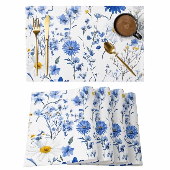 Spring Floral Placemats Set of 8, Blue Daisy Flower Leaves Non-Slip Place Mats Washable Table Mats for Kitchen Dining Table Decorations Indoor/Outdoor