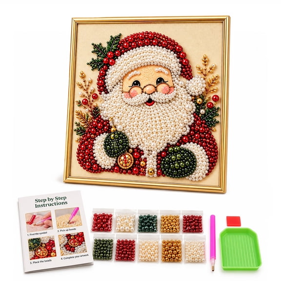 Christmas Pearl Bead Craft Kit with Frame, Santa Claus Framed Art Project for Adults, 7.8 x 7.8 in