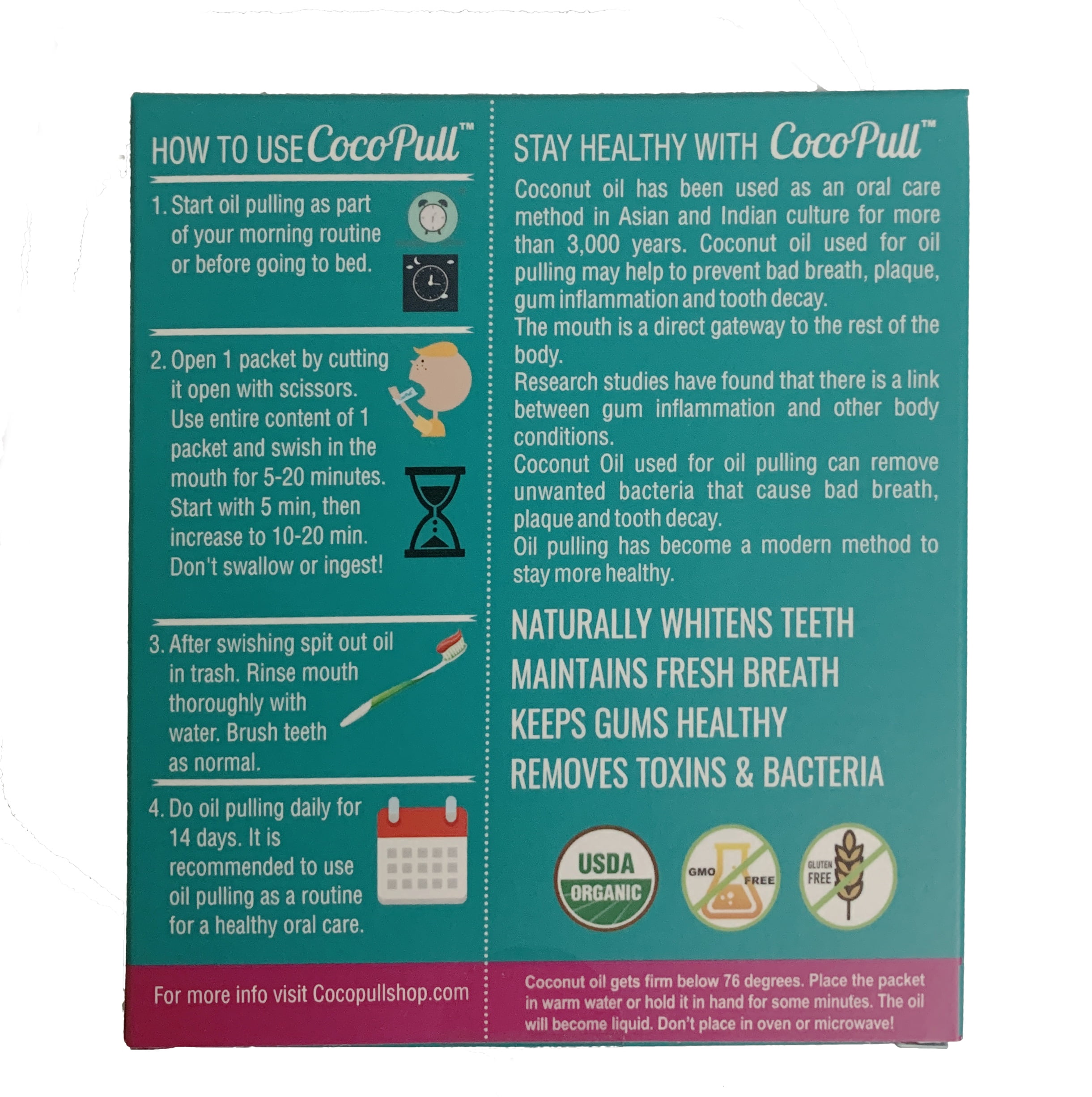 CocoPull Organic Oil Pulling is Coconut Oil and Peppermint Oil for Healthy Teeth & Gums, Bad Breath Remedy. Natural Teeth Whitening - 14 Packets per Box