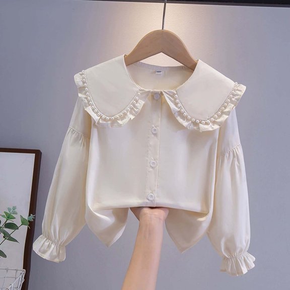 Girls Shirts Long Sleeve Lapel Collar Solid Color Lace Detail Soft Casual Everyday Layering Kids Shirts Size 3-4Y