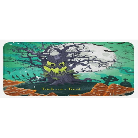 

Halloween Kitchen Mat Trick or Treat Dead Forest with Spooky Tree Graves Big Cartoon Art Print Plush Decorative Kitchen Mat with Non Slip Backing 47 X 19 Multicolor by Ambesonne