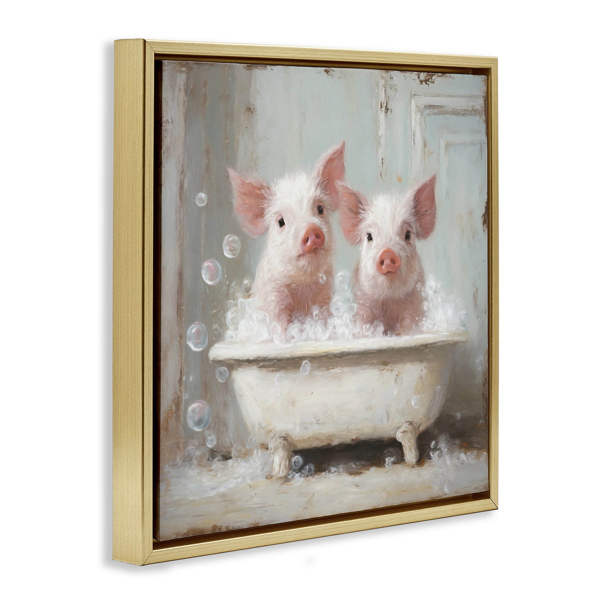 Stupell Industries Piglet Bubble Bath Gold Framed Floater Canvas Wall Art, design by Tina LeCour