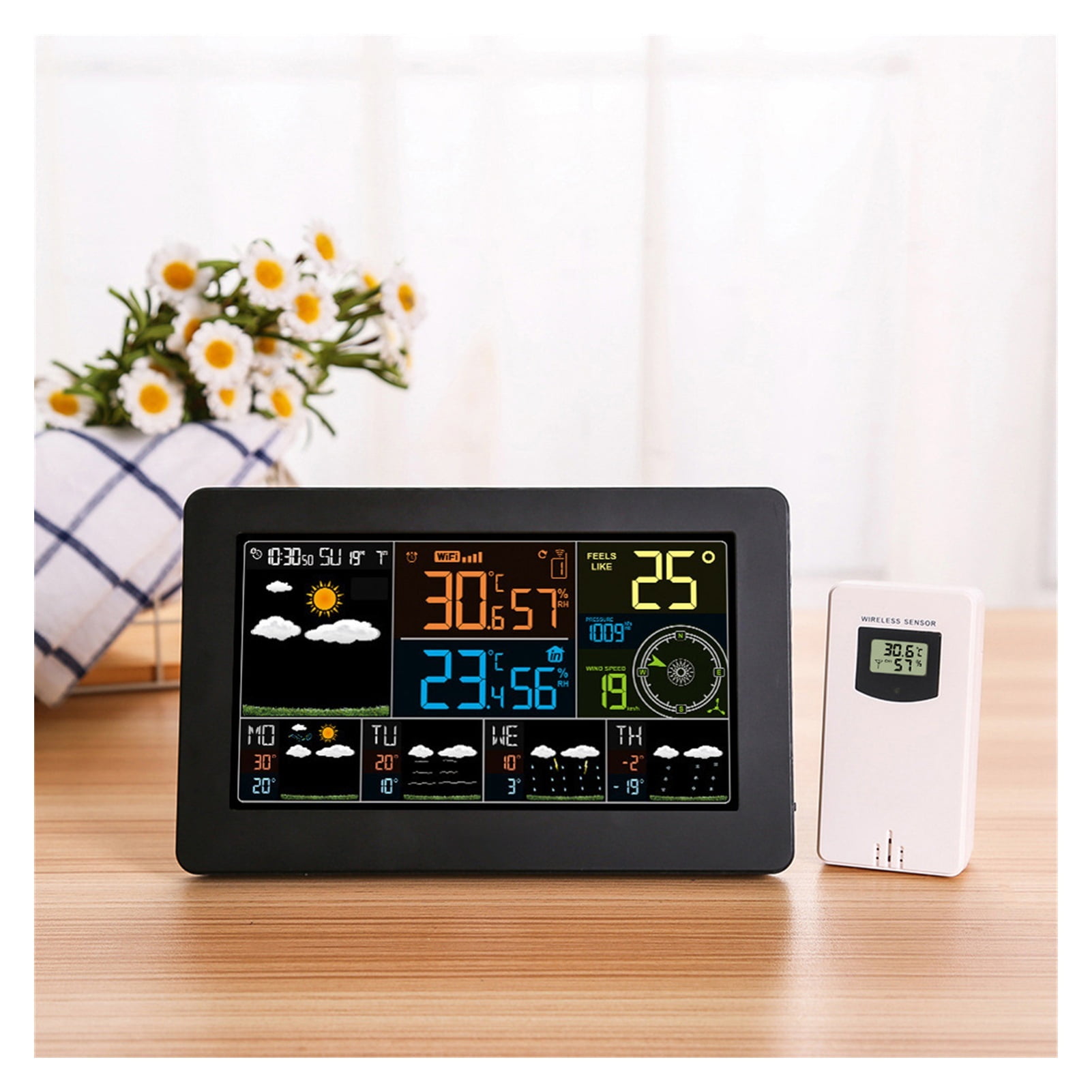 WIFI Weather Station Weather Clock Wireless Color Display Digital Temperature Humidity Monitor Indoor Outdoor ,Easy to Operate