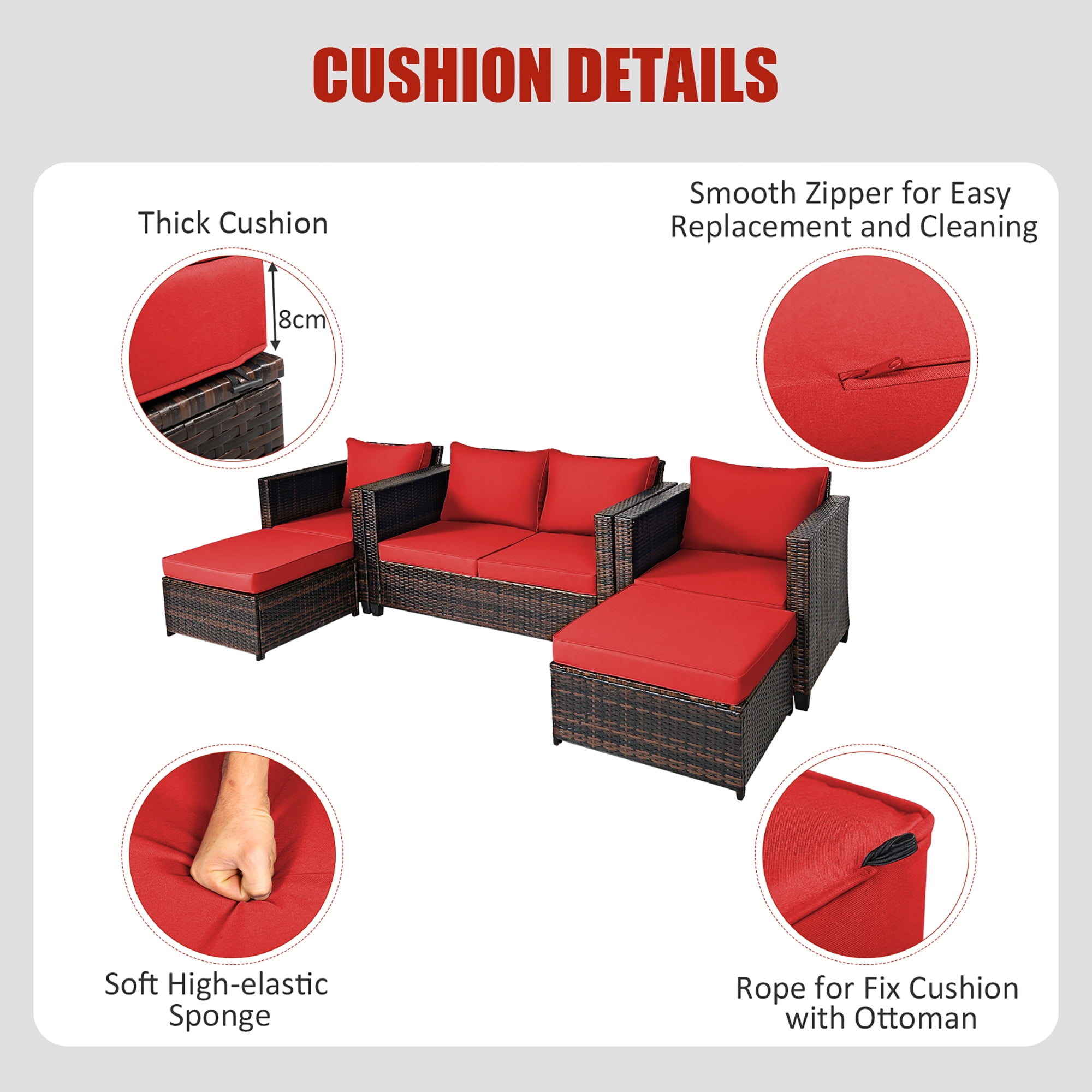 Costway 5PCS Patio Rattan Furniture Set Loveseat Sofa Ottoman Cushioned Red