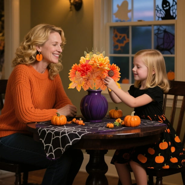Ramo de Flores Artificiales Otoñales con Hojas de Arce y Calabazas | Decoración para El Hogar para Acción de Gracias y Halloween | Girasoles, Rosas y Dalias Artificiales | Centro de Mesa de Temporada