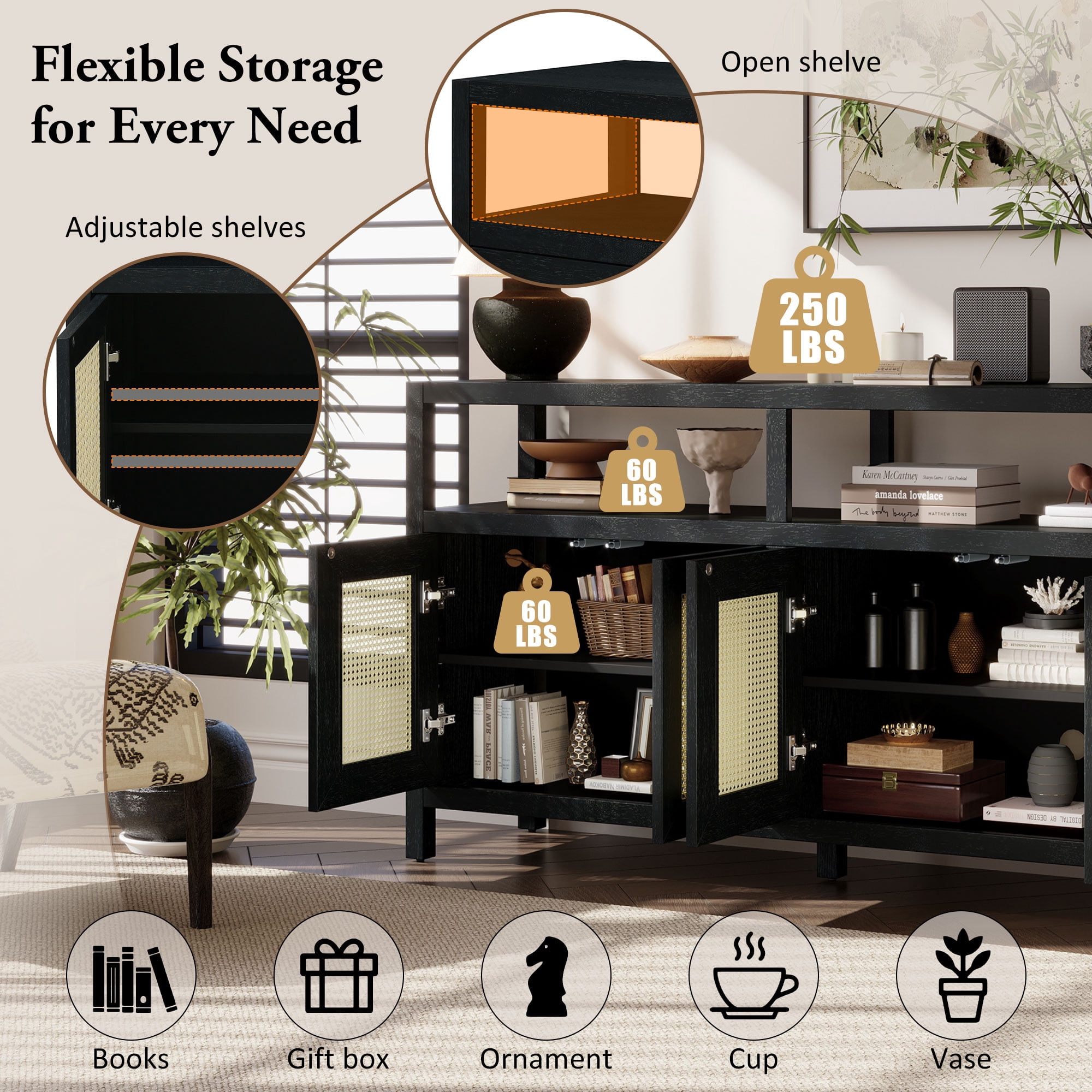 Aukfa Rattan Buffet Storage Cabinet,TV Cabinet for Living Dining Rooms,Bohemian Style,Black