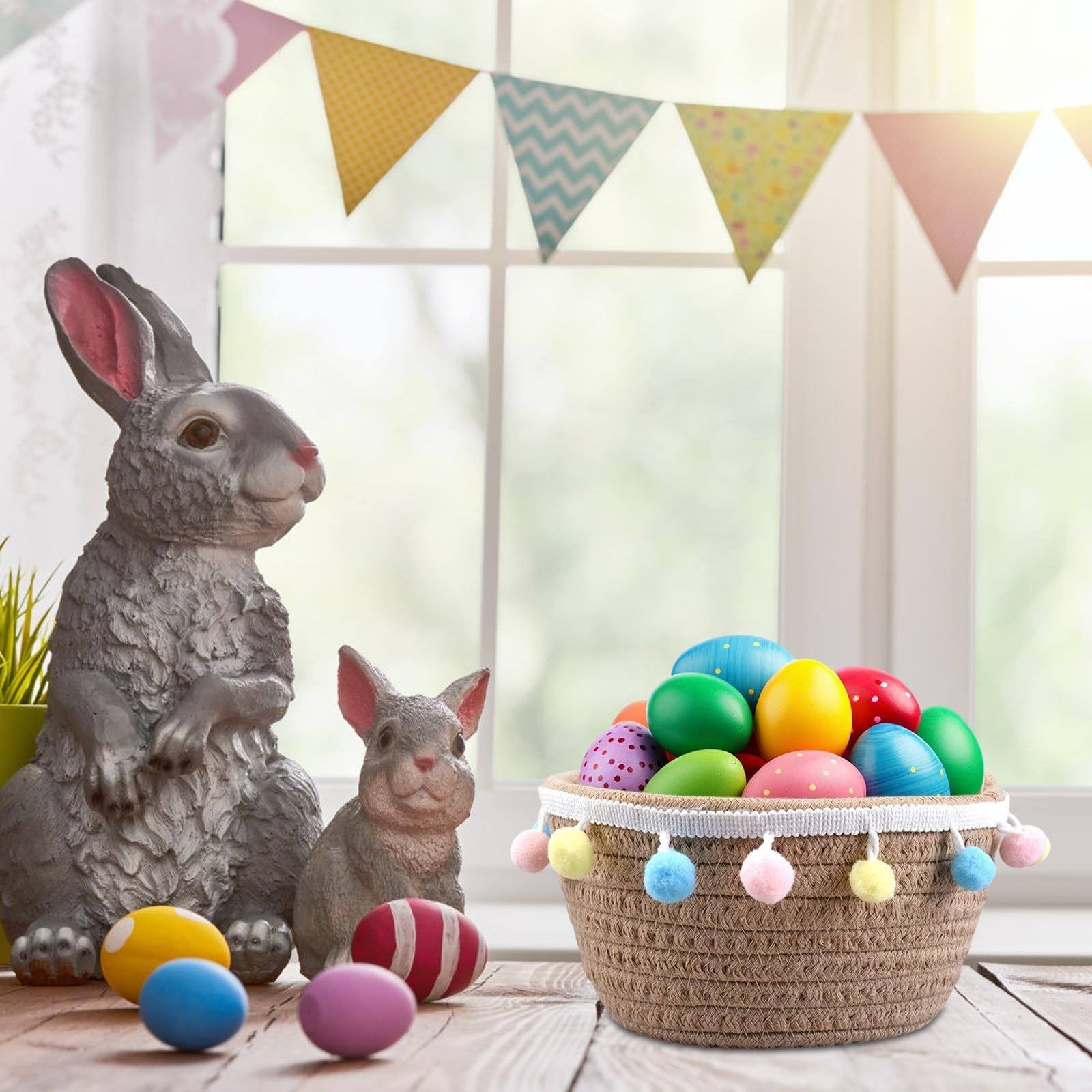 Piwvid Woven Easter Basket with Pompoms - Decorative Round Sundries Organizer | Portable Easter Egg Storage & Bedroom Decor | Handmade Cute Girls’ Holiday Display Tray