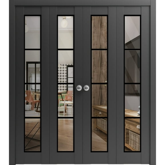 Sliding Closet Double Bi-fold Doors | Lucia 2466 Matte Black Clear Glass | Sturdy Tracks Moldings Trims Hardware Set | Wood Solid Bedroom Wardrobe Doors
