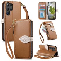 Leather For Samsung Galaxy S22 Ultra 5G Case Leaf buckle zipper wallet  3-card  Flip Wallet Leather Case With Card Holder Magnetic Closure  Phone Cases Cover,Brown,For Galaxy S22 Ultra 5G