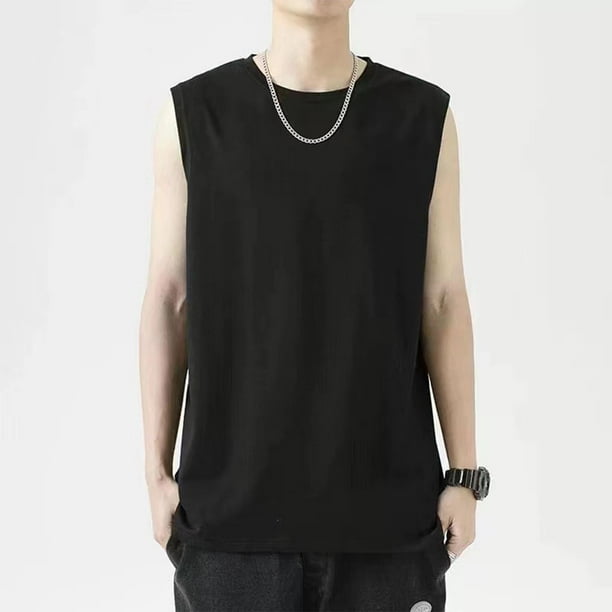 pstuiky Camiseta sin mangas para hombre, Camisola deportiva informal de cuello redondo y alta elasticidad de color liso para hombre Camisas de hombre l