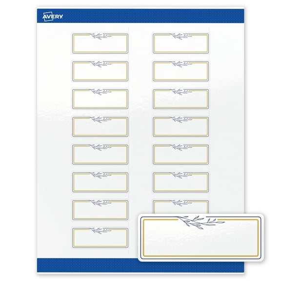 Avery Labels, 1" x 2-5/8", Glossy White, Gold & Navy Border w/ Florals, 160ct