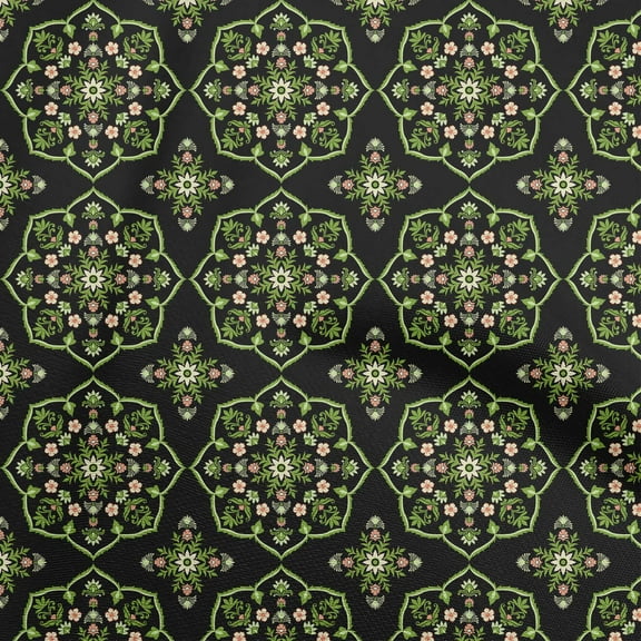 oneOone Polyester Spandex Black Fabric Asian Ornament Floral Tile Craft Projects Decor Fabric Printed By The Yard 56 Inch Wide