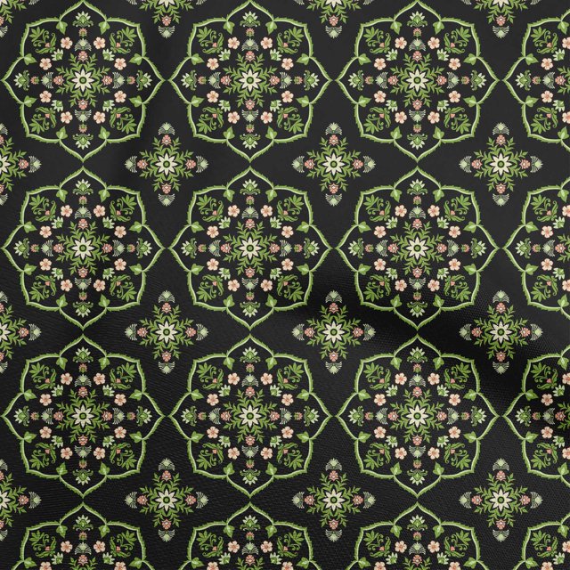 oneOone Polyester Spandex Black Fabric Asian Ornament Floral Tile Craft Projects Decor Fabric Printed By The Yard 56 Inch Wide