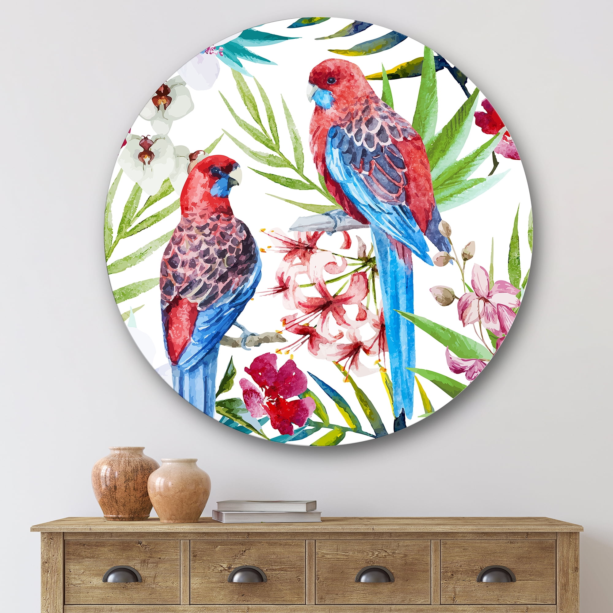 Designart 'Rosella Birds Sitting On Flowers Tree Branch' Traditional Circle Metal Wall Art 29x29 - Disc of 29