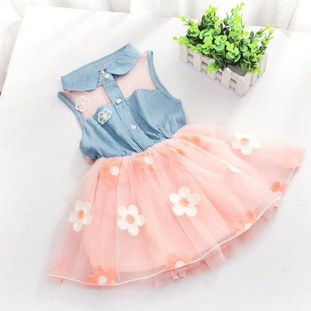 

Toddler Baby Little Girls Princess Dresses Summer Sleeveless Casual Denim Dress Floral Print Tutu Skirts