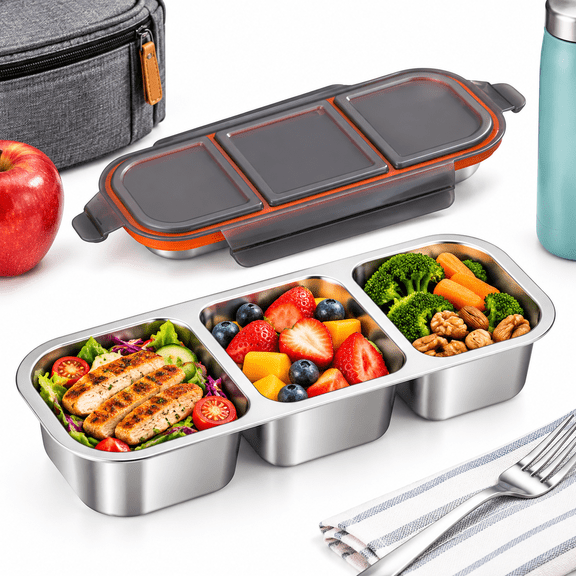 3-Compartment Snack Box with Locking Lid, Leakproof Divided 0.63 qt Meal Prep Container for Adults, Travel & Office Lunch