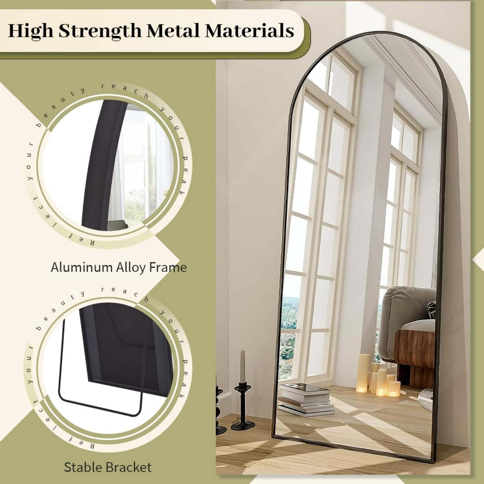Mirrasia 21.1"x64" Arched Full Length Metal Mirror with stand, Black