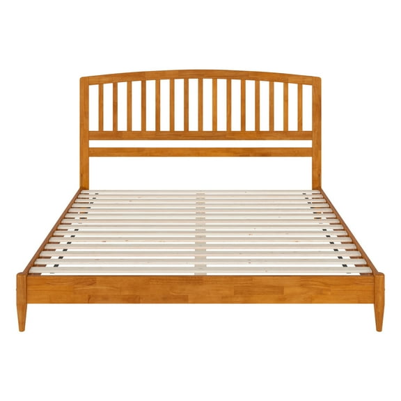 King Size Wood Platform Bed - Low Profile Modern Design, Light Toffee Finish
