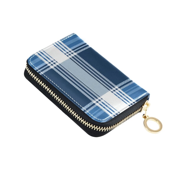 Wide Plaids Navy Blue Women's Credit Card Holder PU Leather Zipper Wallet RFID Blocking