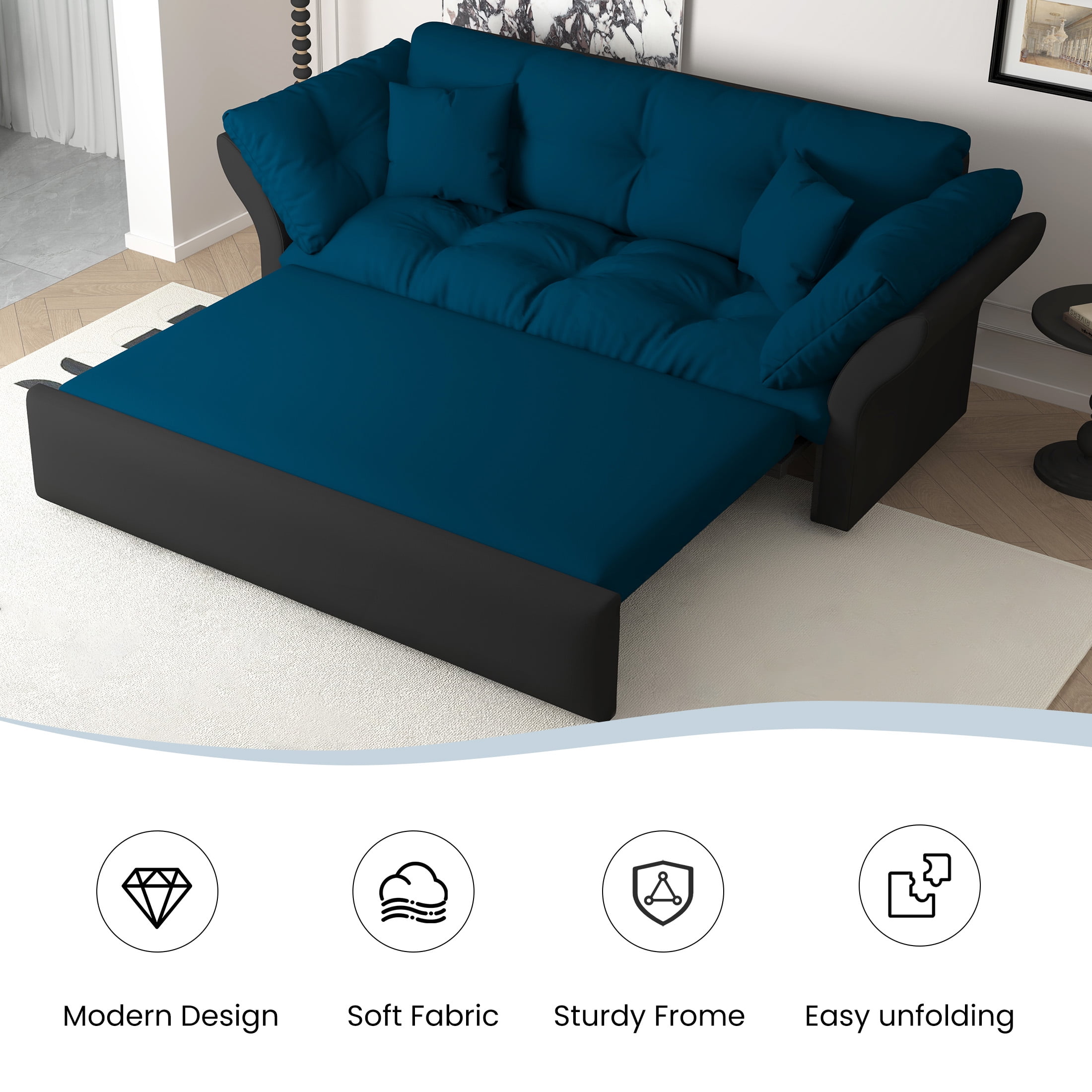 Aukfa 74.8" Queen Pull Out Sofa Bed, Convertible Loveseat Sleeper Sofa Couch with 2 Pillows, Tufted, Blue