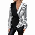 thumbnail image 2 of YHAJDS Women's Casual Long Sleeve Shirts Stripe Patchwork V Neck Waist Cinched Shirt Top Casual Top, 2 of 5