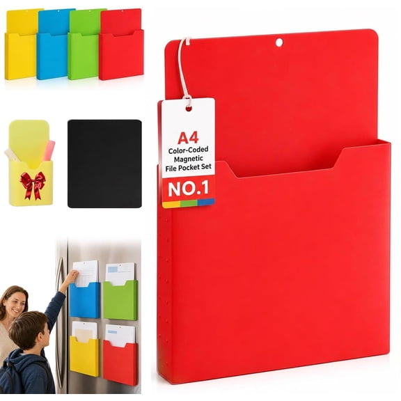 Magnetic File Holder for Fridge 1.18in Deep Red Strong Full-Back Magnet, No-Sliding Design, Fits A4 Documents, Hanging Holes, Red Pocket Set.