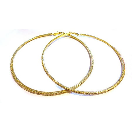 Fashion Jewelry Large 4 Inch Hoop Earrings Crystal Rhinestone Large 4 Inch Hoop Earrings Crystal Rhinestone Gold Tone