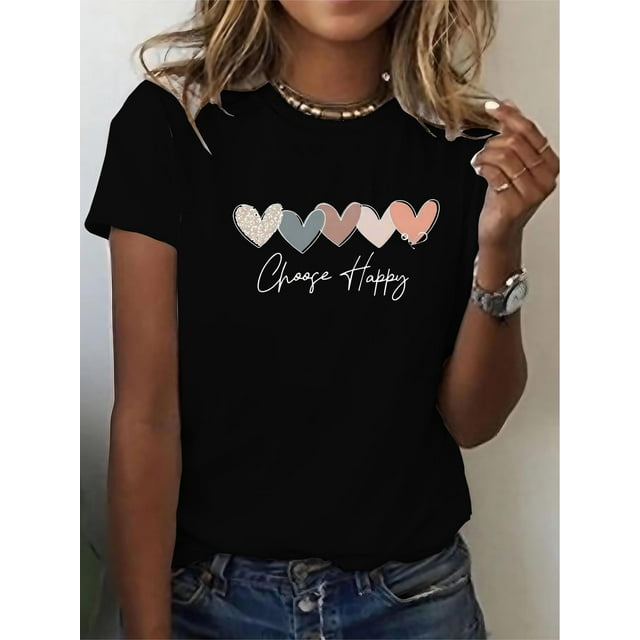 Soft and Comfortable Women's Casual Sport T-Shirt, Round Neck, Heart And Happy Print, Short Sleeve Tee For Adult, Men, Women, Teen, Teenager, Adolescent, Youth