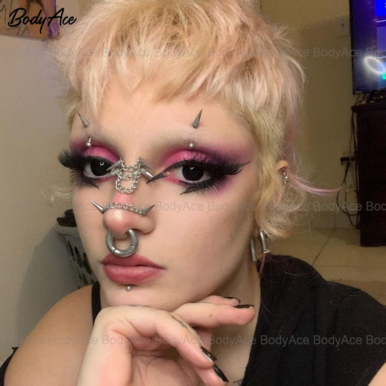 shiyou-20G Spike Nose Rings Studs with Chains, Stainless Steel