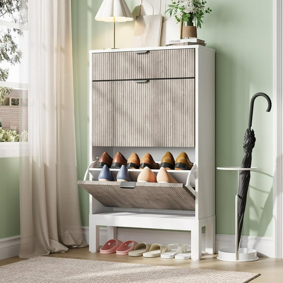 Shoe Cabinet with 2 Flip Drawers, Entryway Cabinet with Adjustable Shelves, Accommodate 8 to 12 Pair of Shoes, Space Saving Slim Shoe Cabinet for Entryway, Hallway, Front Door, White Grey