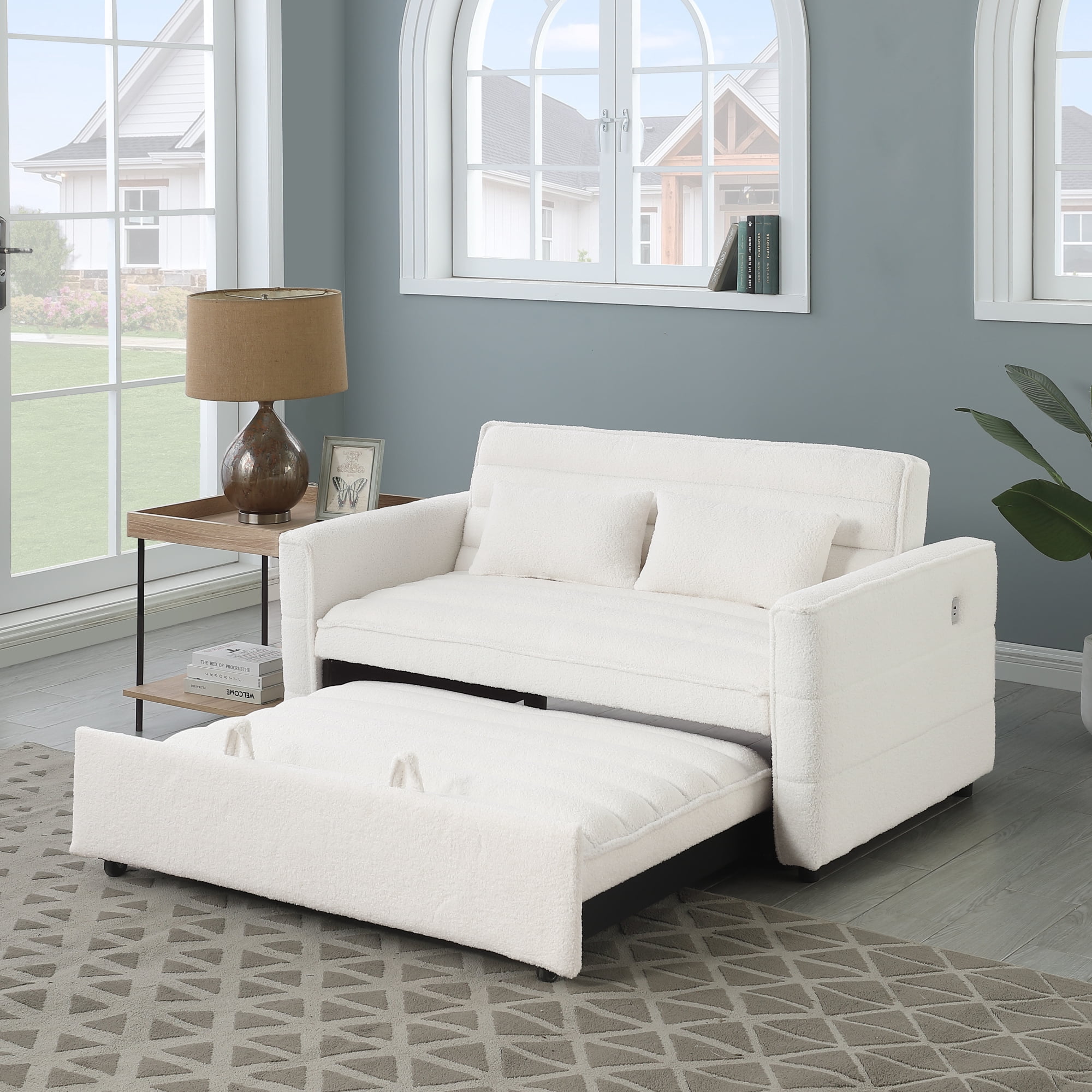 55" Convertible Sleeper Sofa Bed,Modern Boucle 3 in 1 Sleeper Sofa Couch Bed with 2 Pillows and Adjustable Backrest,2-Sater Sofa for Living Room, Bedroom,Beige