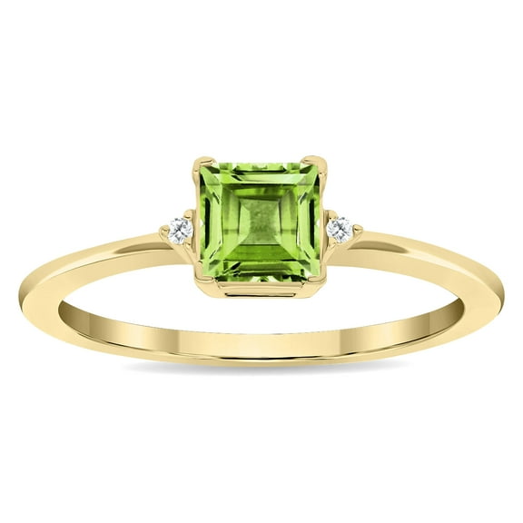 SZUL Women's Square Shaped Peridot and Diamond Classic Band in 10K Yellow Gold