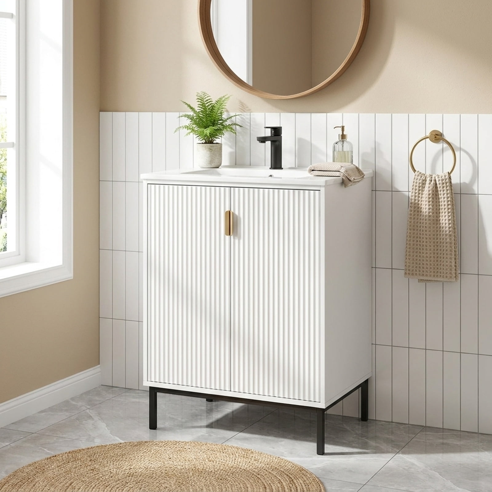 Vebreda Freestanding Bathroom Storage Cabinet, 24 Inch Bathroom Vanity with Sink Combo and Adjustable Shelf, One-piece Ceramic Sink