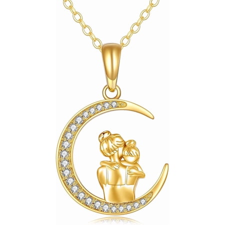 Mom Necklace Gifts 14K Gold Mama Daughter Solid Gold necklace Crescent Moon Pendant Necklace Jewelry Mothers Day Birthday Gifts for Mother for Daughter