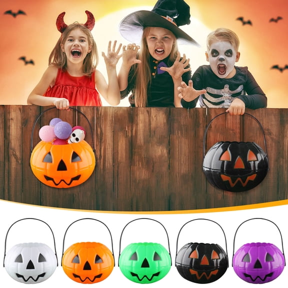 Hyknon Halloween Trick or Treat Bucket, Spooky Pumpkin Jack-o-Lantern Face Basket, Plastic Candy Snack Gift Holder, Portable Reusable Handheld Storage Bucket for Trick-or-Treat Party Decor 6.9"×3.7"