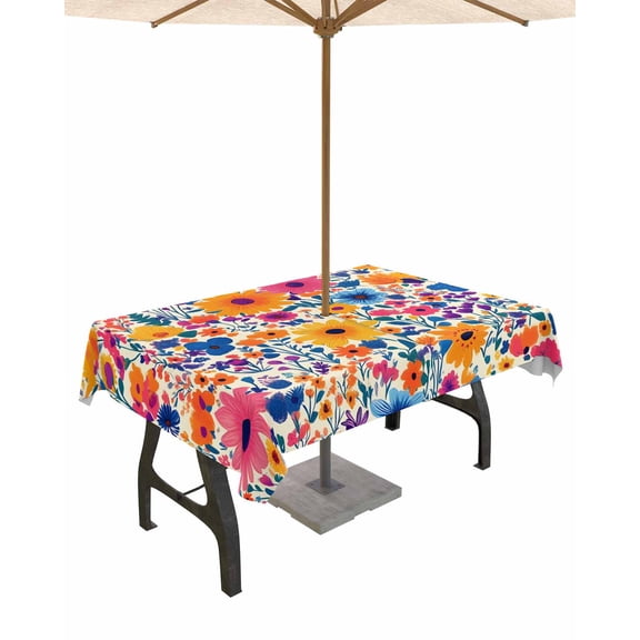 Boanket Outdoor Tablecloth with Umbrella Hole for Patio/Picnic/Party/Camping, Colorful Spring Floral Waterproof Table Cloth Rectangle Table Cover Washable, Farmhouse Summer Botanical (54"x 80")